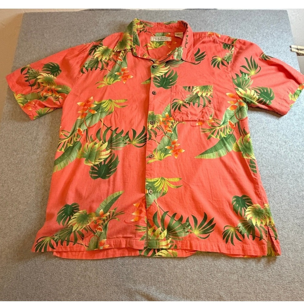 Tommy Bahama Island Modern Fit Shirt Mens Large Coral Tropical Palm Linen Blend